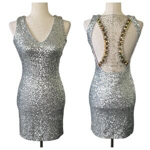 Get Lucky USA Silver Sequined Cocktail Dress with Embellished Racerback